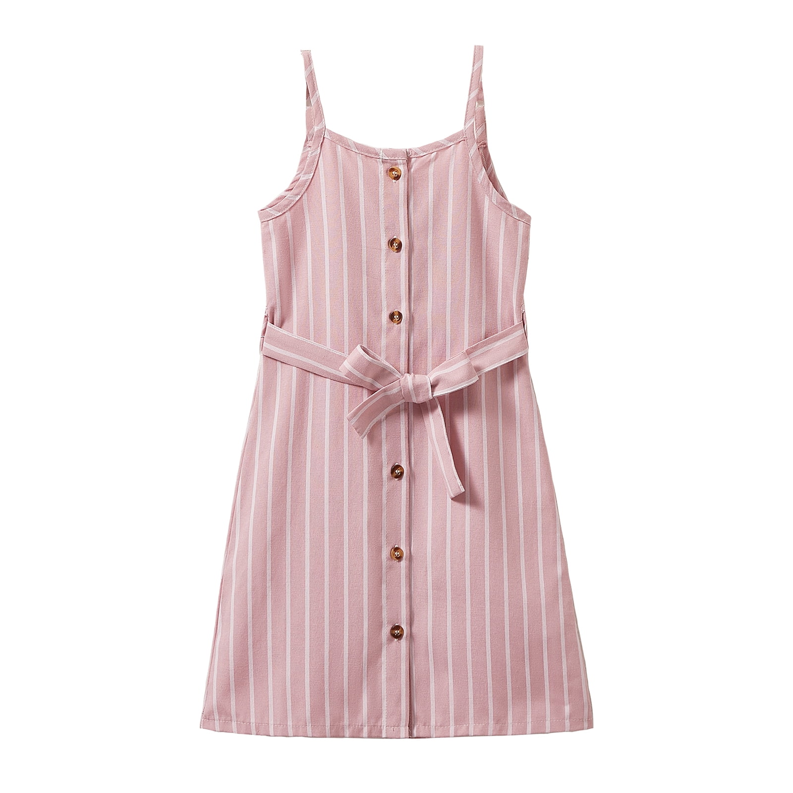 LittleSpring Toddler Pink Dress for Girls Spaghetti Strap Dress with Belt Striped Summer Sun Dress Button Sleeveless Casual 4T